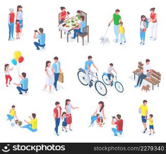 Isometric family with kids, parenting daily or holiday activities. Adults and elders spending time with children vector illustration set. Child care and affection scenes. Riding, bike, having picnic. Isometric family with kids, parenting daily or holiday activities. Adults and elders spending time with children vector illustration set. Child care and affection scenes