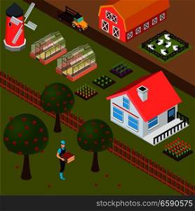 Isometric farm house mill sheepfold and farmer gathering apples colorful background 3d vector illustration. Farm Isometric Background
