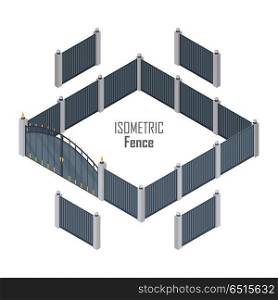 Isometric Fence in Dark Colors Isolated on White.. Isometric fence in dark colors isolated on white. Iron gate opens and closes from the middle. Fence with columns. Metal gates, wrought iron, lattice gates and fences for yard. Flat style. Vector
