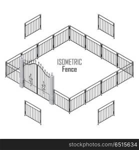 Isometric Fence in Dark Colors Isolated on White.. Isometric fence in dark colors isolated on white. Iron gate opens and closes from the middle. Fence with columns. Metal gates, wrought iron, lattice gates and fences for yard. Flat style. Vector