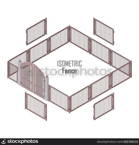 Isometric Fence in Light Colors Isolated on White.. Isometric fence in light colors isolated on white. No solid fence. Iron gate open and close from middle. Fence with columns. Metal, wrought iron, lattice gates and fences for yard. Flat style. Vector