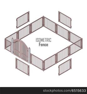 Isometric Fence in Light Colors Isolated on White.. Isometric fence in light colors isolated on white. No solid fence. Iron gate open and close from middle. Fence with columns. Metal, wrought iron, lattice gates and fences for yard. Flat style. Vector