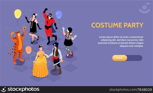 Isometric festive masquerade carnival horizontal banner with characters of party people in costumes text and button vector illustration