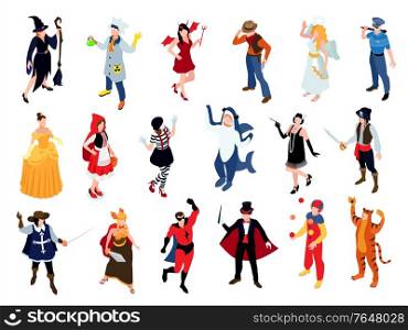 Isometric festive masquerade carnival party costumes set with isolated human characters wearing partysuits on blank background vector illustration