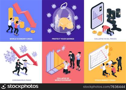 Isometric financial crisis design concept set of six square compositions with stock market economy collapse images vector illustration