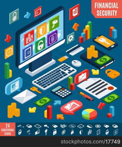 Isometric financial securities and business elements set vector illustration