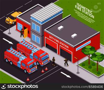 Isometric fire department station with two engines 3d vector illustration. Fire Department Illustration