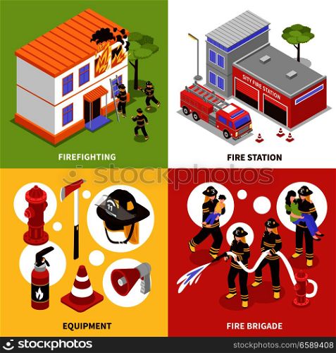 Isometric firefighter 2x2 design concept with firefighting brigade equipment and station isolated on colorful backgrounds 3d vector illustration. Isometric Firefighter 2x2 Concept