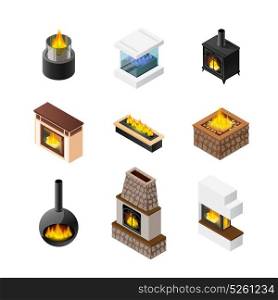 Isometric Fireplace Icon Set. Nine isolated fireplace designs set of different colour and shape of grate chimney and mantelpiece materials vector illustration