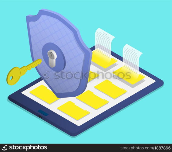 Isometric firewall shield with key protects digital tablet with archive of electronic documents. Key opens access to data on digital device. Realistic 3D vector