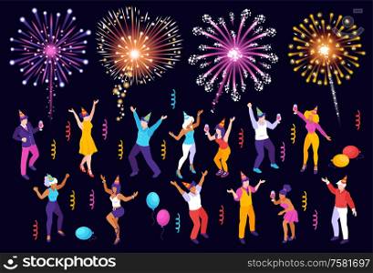 Isometric firework celebrating holiday set of isolated party people with serpentine stripes and colourful fireworks vector illustration