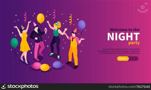 Isometric firework celebrating horizontal banner with editable text slider button and characters of festive party people vector illustration