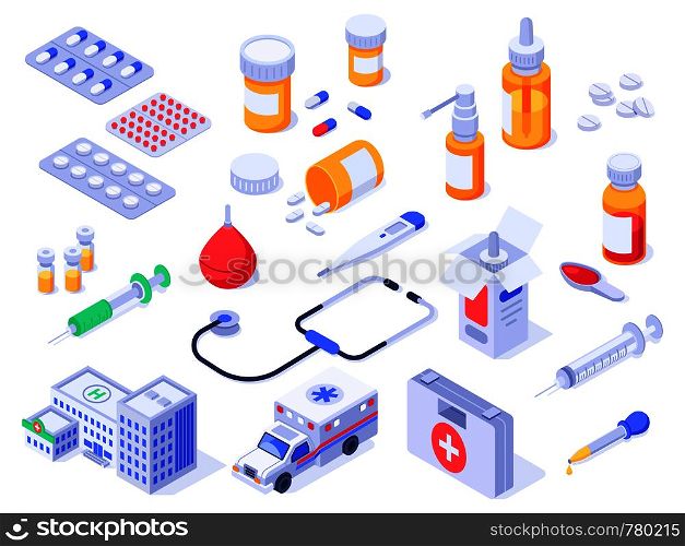 Isometric first aid kit. Health care medical pills, pharmacy medicines and drug bottles. Hospital ambulance, pill case or wound safety supplies. Healthcare 3d isolated vector icons set. Isometric first aid kit. Health care medical pills, pharmacy medicines and drug bottles. Hospital ambulance 3d isolated vector set