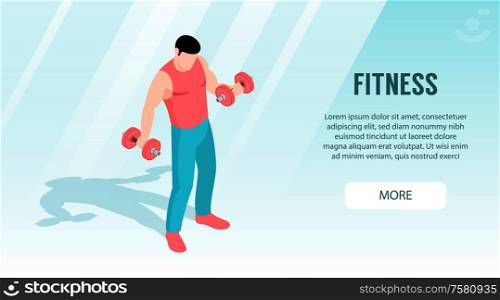 Isometric fitness sport horizontal banner with male character practicing dumbbell split lifts more button and text vector illustration