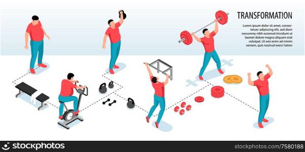 Isometric fitness sport horizontal infographics with human characters of fat people losing weight during sport exercises vector illustration