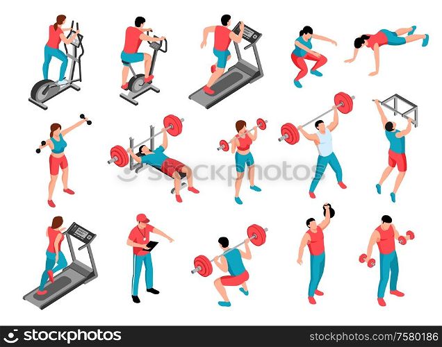 Isometric fitness sport set of isolated human characters in uniform with gymnastic equipment on blank background vector illustration