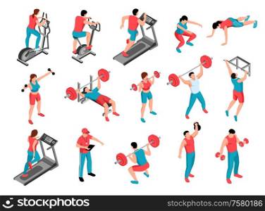 Isometric fitness sport set of isolated human characters in uniform with gymnastic equipment on blank background vector illustration