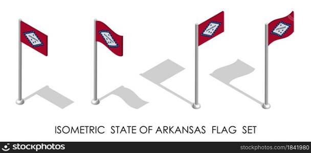 isometric flag of american state of Arkansas in static position and in motion on flagpole. 3d vector