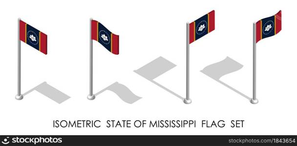 isometric flag of american state of Mississippi in static position and in motion on flagpole. 3d vector