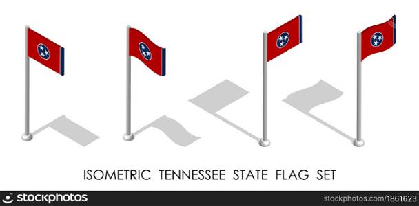 isometric flag of american state of TENNESSEE in static position and in motion on flagpole. 3d vector
