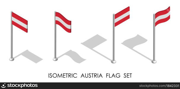 isometric flag of AUSTRIA in static position and in motion on flagpole. 3d vector