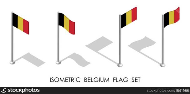 isometric flag of Belgium in static position and in motion on flagpole. 3d vector