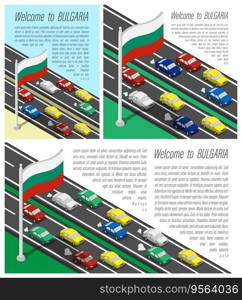 Isometric flag of Bulgaria on flagpole fluttering wind. Crossing of Bulgarian country border by car travels. Set of information horizontal, square and vertical vector banner, templates for printing