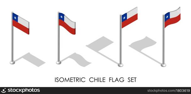 isometric flag of Chile in static position and in motion on flagpole. 3d vector
