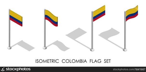 isometric flag of Colombia in static position and in motion on flagpole. 3d vector