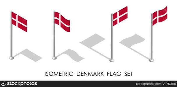 isometric flag of DENMARK in static position and in motion on flagpole. 3d vector