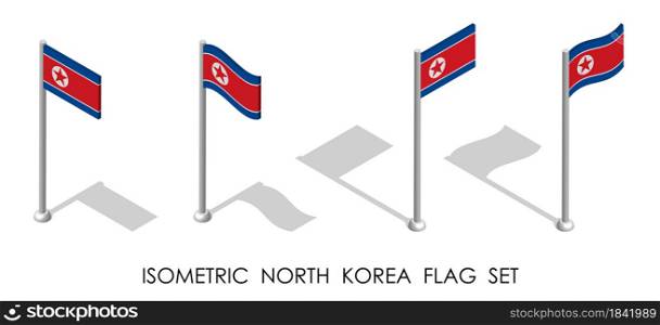 isometric flag of DPRK, North Korea in static position and in motion on flagpole. 3d vector