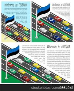 Isometric flag of Estonia on flagpole fluttering wind. Crossing of Estonian country border by car travels. Set of information horizontal, square and vertical vector banner, templates for printing