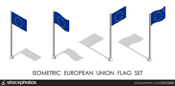 isometric flag of EUROPEAN UNION in static position and in motion on flagpole. 3d vector