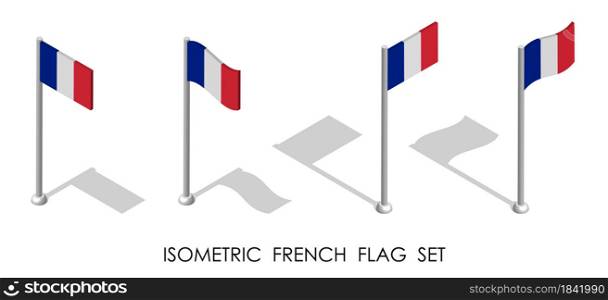isometric flag of France in static position and in motion on flagpole. 3d vector