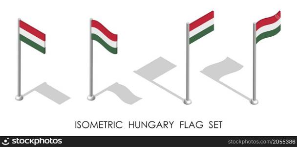 isometric flag of HUNGARY in static position and in motion on flagpole. 3d vector