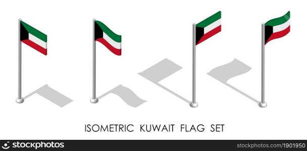 isometric flag of KUWAIT in static position and in motion on flagpole. 3d vector