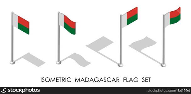 isometric flag of madagascar in static position and in motion on flagpole. 3d vector