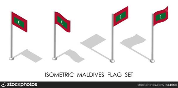 isometric flag of Maldives in static position and in motion on flagpole. 3d vector