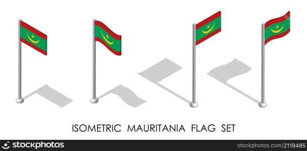 isometric flag of MAURITANIA in static position and in motion on flagpole. 3d vector