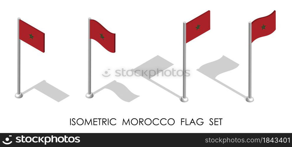 isometric flag of MOROCCO in static position and in motion on flagpole. 3d vector