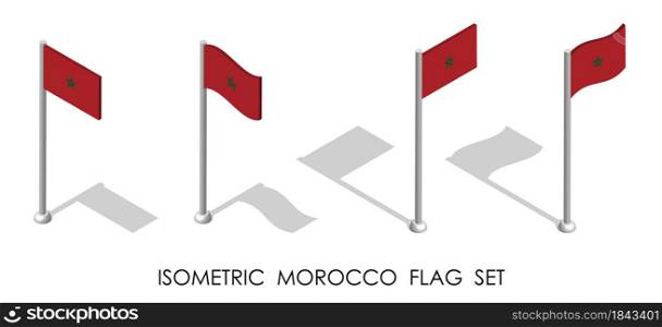 isometric flag of MOROCCO in static position and in motion on flagpole. 3d vector