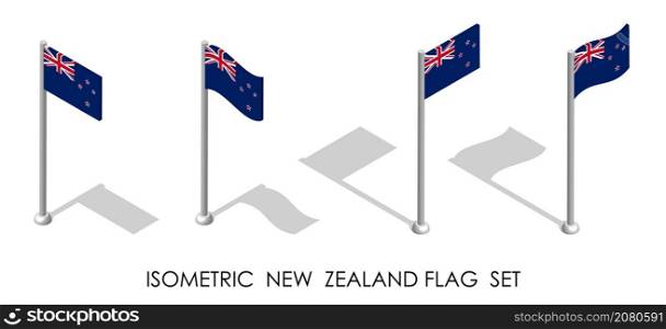 isometric flag of NEW ZEALAND in static position and in motion on flagpole. 3d vector