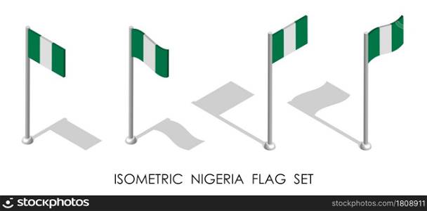 isometric flag of NIGERIA in static position and in motion on flagpole. 3d vector