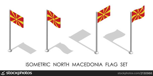 isometric flag of NORTH MACEDONIA in static position and in motion on flagpole. 3d vector