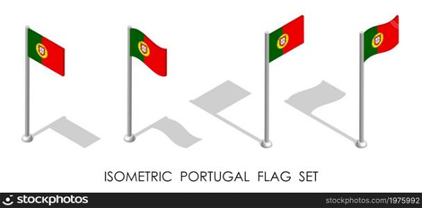 isometric flag of PORTUGAL in static position and in motion on flagpole. 3d vector