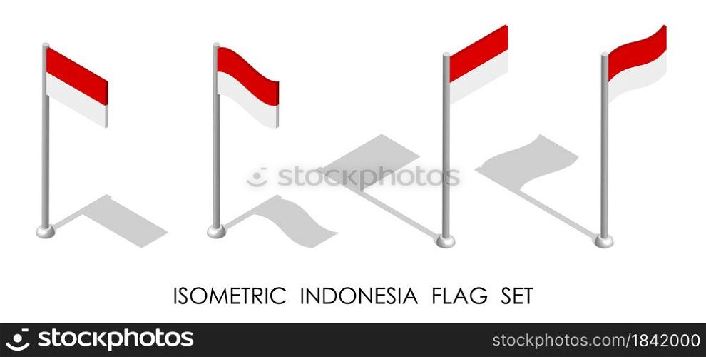 isometric flag of Republic of Indonesia in static position and in motion on flagpole. 3d vector