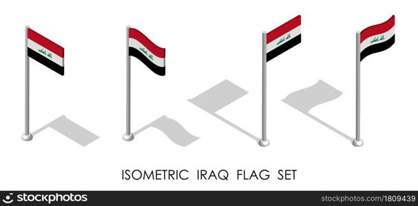 isometric flag of Republic of IRAQ in static position and in motion on flagpole. 3d vector
