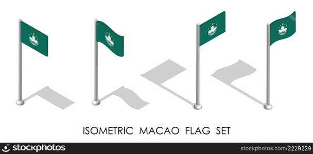 isometric flag of Republic of Macau in static position and in motion on flagpole. 3d vector