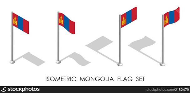 isometric flag of Republic of MONGOLIA in static position and in motion on flagpole. 3d vector