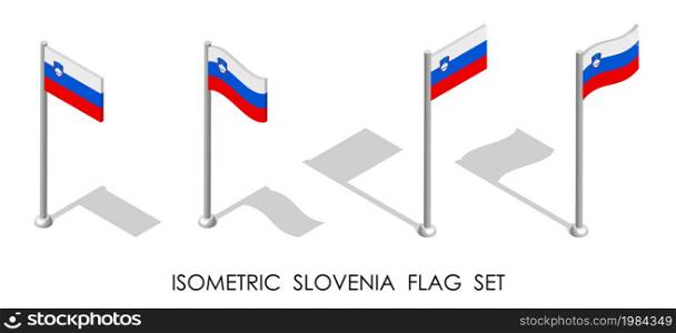 isometric flag of Republic of SLOVENIA in static position and in motion on flagpole. 3d vector
